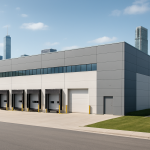 A modern industrial warehouse with loading docks, surrounded by urban skyscrapers against a clear sky.