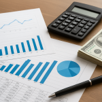 An assortment of financial documents with graphs, a calculator, and a stack of cash on a wooden table