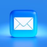 A 3D rendering of an envelope icon against a blue background