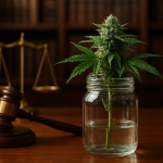 A cannabis plant in a jar, with a gavel and scales of justice in the background, symbolizing legal cannabis access and r
